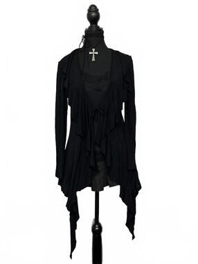 Vintage San Francisco Canada Made Black Asymmetrical Ruffle Cardigan Front Tie S